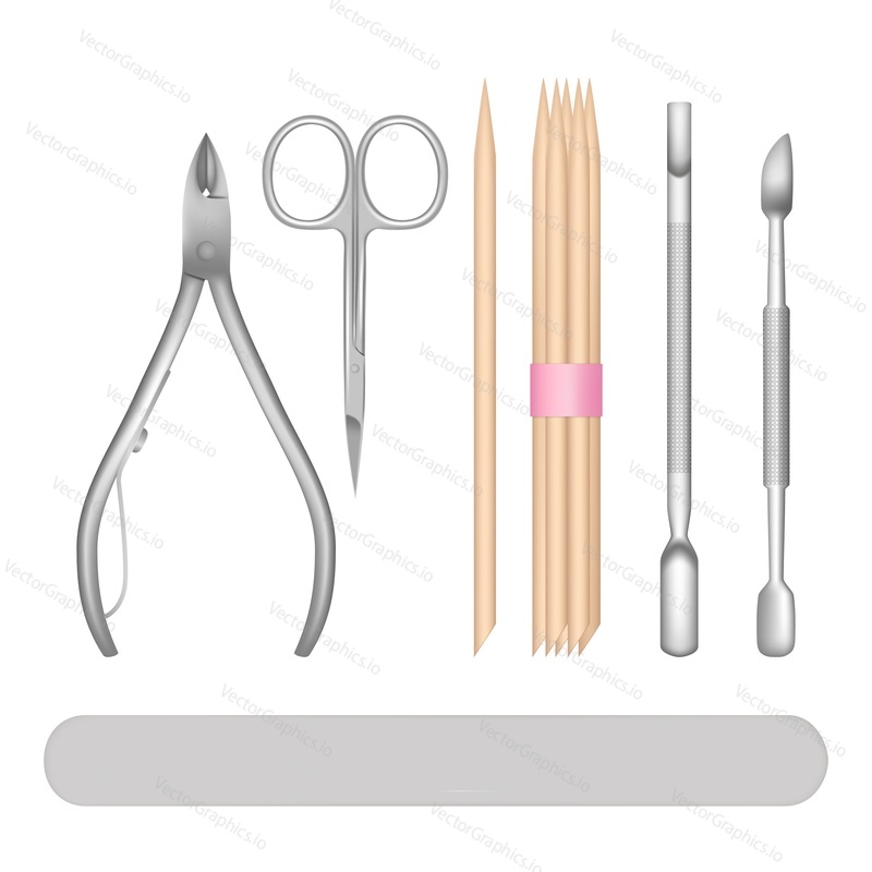 Manicure set. Vector realistic illustration of all tools for perfect nails wood cuticle sticks, cuticle pusher, cuticle trimmer, nail file and nail scissors.