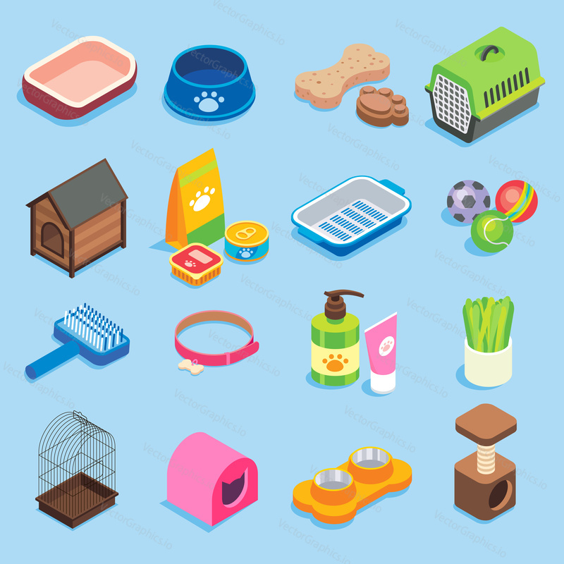 Pet store icon set. Vector flat isometric illustration of pet food supplies and treats, toys, collar, bedding accessories, kennels, pet carries, grooming kits, cat litter box, bowl and scratching post