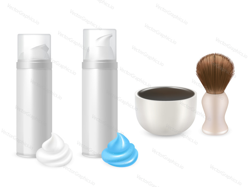 Shaving gel and foam bottles, shaving brush and mug mockups. Vector realistic illustration isolated on white background.