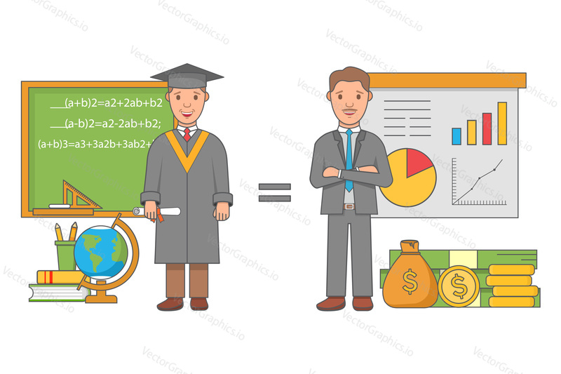 Education concept vector illustration, flat linear style design. Successful graduate with diploma is successful businessman making money.