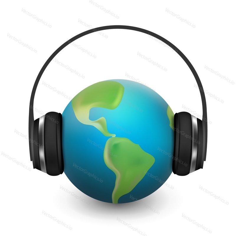 Music planet earth with headphones vector realistic illustration isolated on white background.