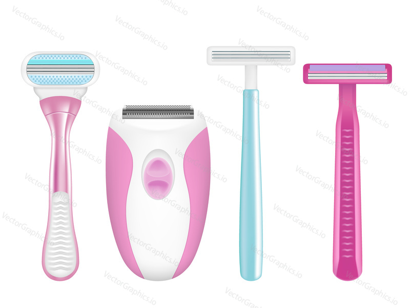 Shaving razor mockup set. Vector realistic illustration of color electric shaver and manual shaving razors for women for silky smooth skin.