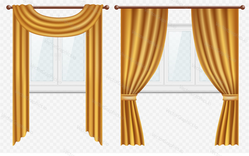 Vector set of white plastic windows with golden curtains. Realistic illustration isolated on transparent background.