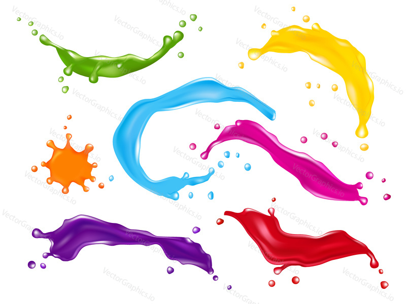 Vector set of color splashes, paint drops. Realistic illustration isolated on white background.