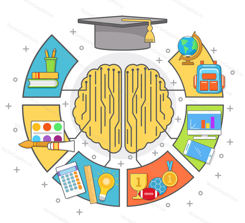 Vector education infographic template design with graduation cap and educational icons. Thin line flat style illustration.