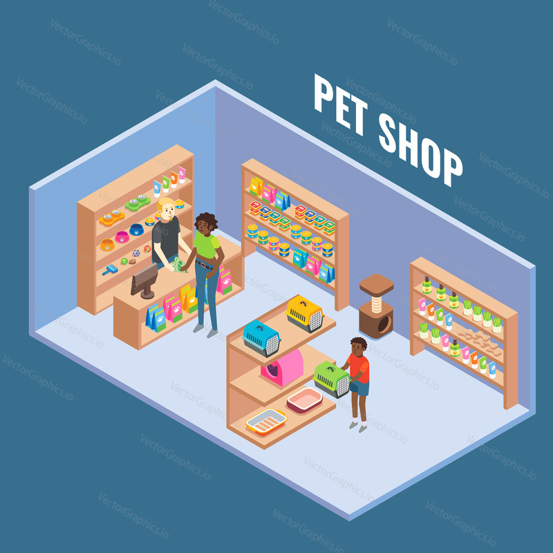 Pet shop cutaway interior, vector flat isometric illustration. Pet store with furniture and pet supplies, salesman and buyers.