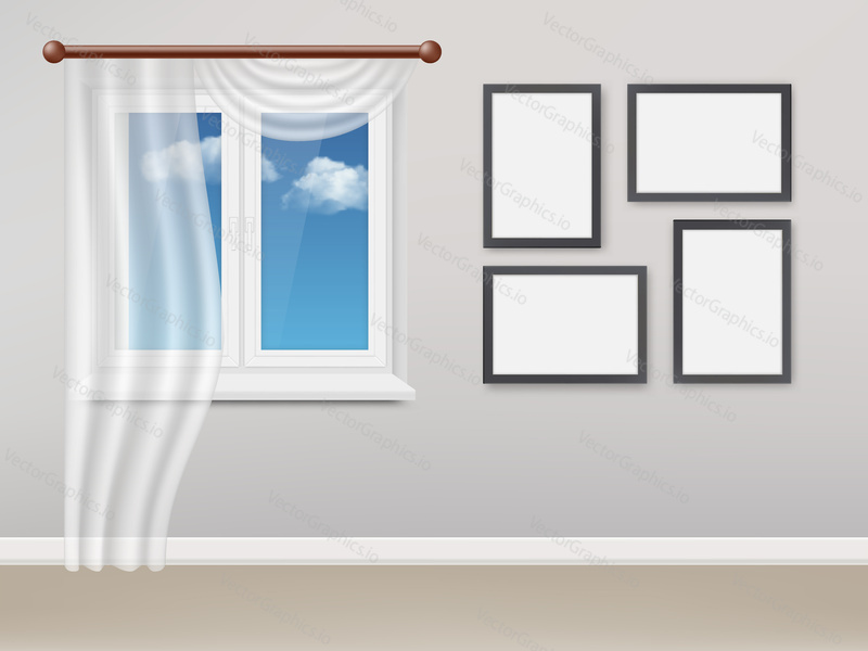 Vector realistic illustration of living room interior with white plastic closed window with white curtains and light blue sky with white clouds outside the window.