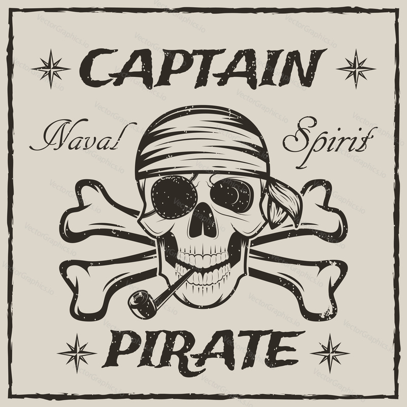 Pirate captain skull and crossbones. Vector sketch grunge illustration of human skull wearing bandana and eyepatch with smoking pipe. Vintage logo, tattoo template design.