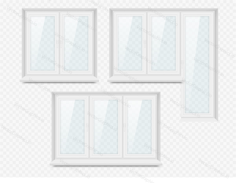 Vector set of realistic white plastic closed windows. Realistic illustration isolated on transparent background.
