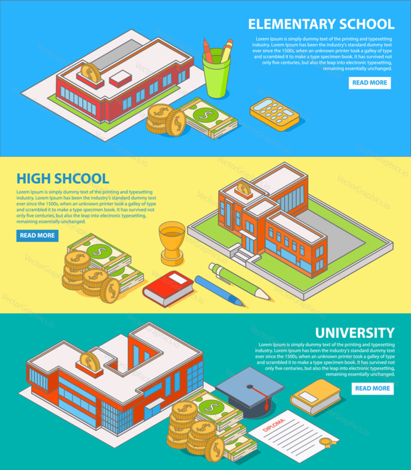 Investment in education concept vector isometric horizontal banner set. Elementary school, High school and University thin line flat style design elements, web templates.