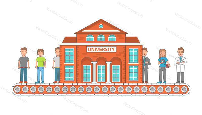 Higher education concept vector illustration, flat linear style design. Young people entering university graduate from it and get a good job. University conveyor belt concept.