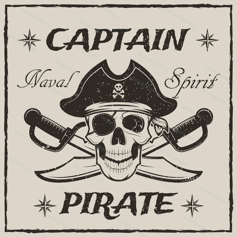 Pirate captain skull and crossed swords vector sketch grunge illustration. Human skull in pirate hat and eyepatch. Vintage logo, tattoo template design.