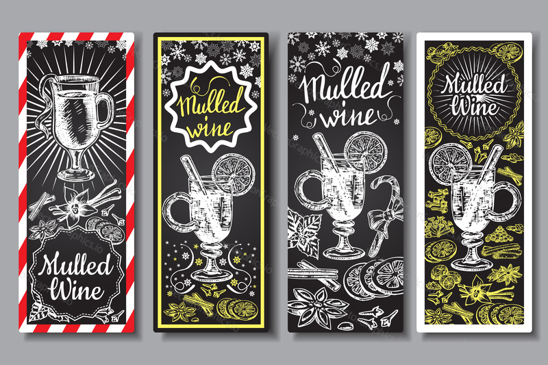 Hand drawn mulled wine vector banners set. Black and white sketch posters with wine glass. Menu cards design templates in retro vintage style.