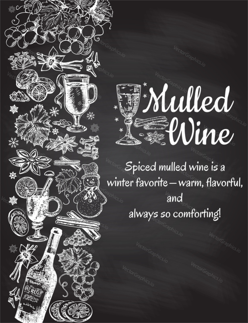 Hand drawn mulled wine vector poster. Black and white sketch with wine glass. Menu cards design templates in retro vintage style on black background.