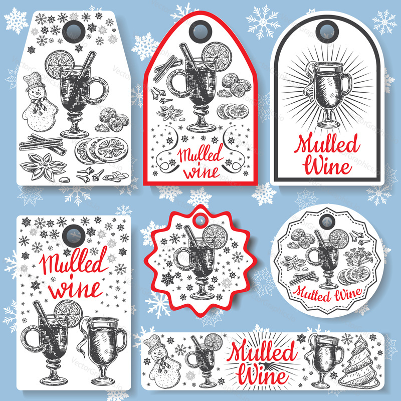 Hand drawn mulled wine vector gift tags set. Black and white sketch badges and logo with wine glass. Menu cards design templates in retro vintage style.