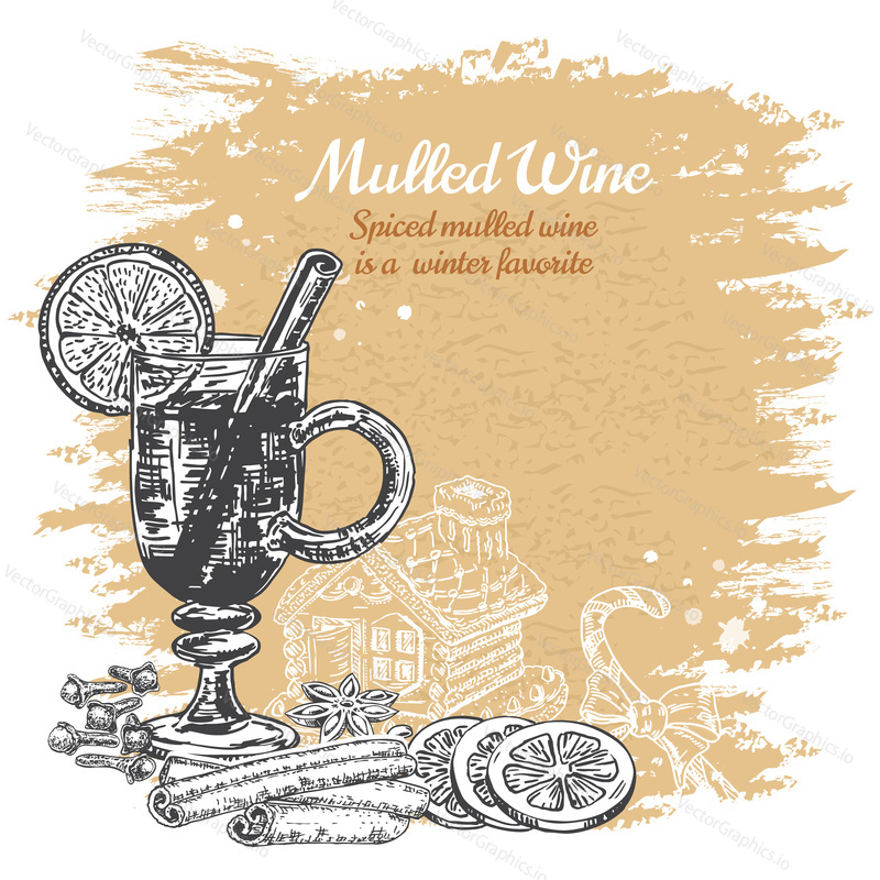 Hand drawn mulled wine vector poster. Black and white sketch with wine glass. Menu cards design templates in retro vintage style.