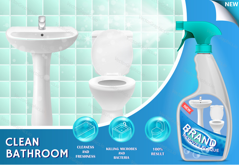 Vector 3d illustration of bathroom cleaner. Plastic spray bottle with detergent design. Liquid cleaning product ad.