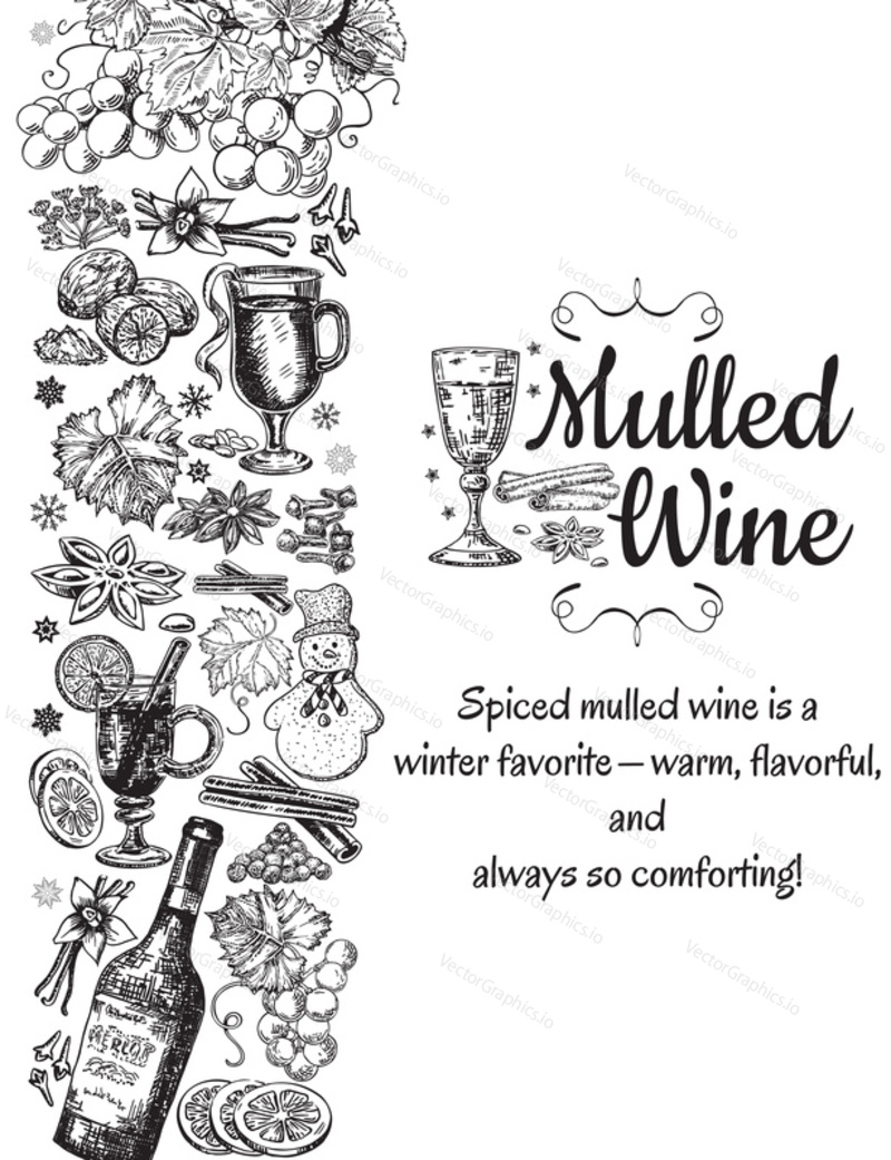 Hand drawn mulled wine vector poster. Black and white sketch with wine glass. Menu cards design templates in retro vintage style on white background.
