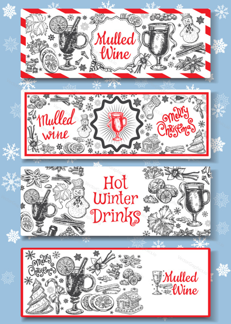 Hand drawn mulled wine vector banners set. Black and white sketch posters with wine glass. Menu cards design templates in retro vintage style.