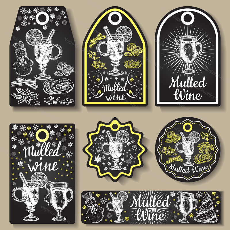 Hand drawn mulled wine vector gift tags set. Black and white sketch badges and logo with wine glass. Menu cards design templates in retro vintage style.