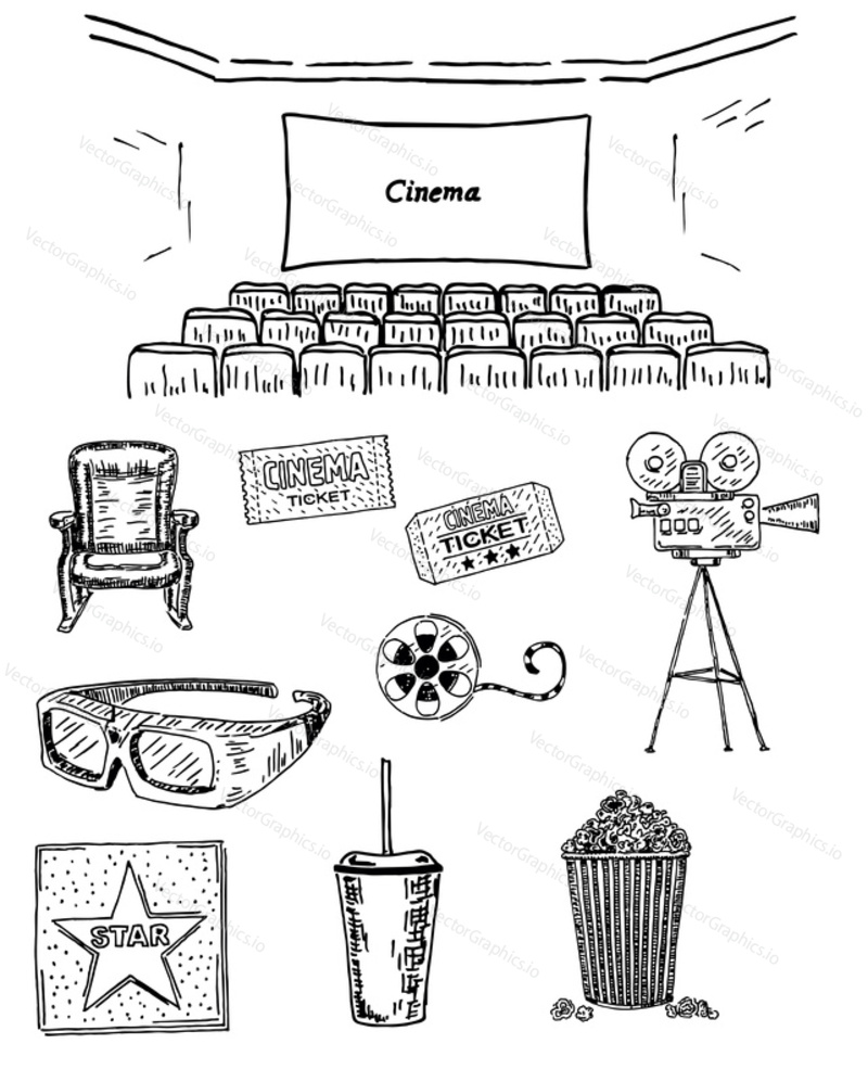 Cinema vector hand drawn decorative symbols set with screen, seats, movie camera, chair, film reel, popcorn, 3D glasses, cola, tickets. Sketch illustration isolated on white background.