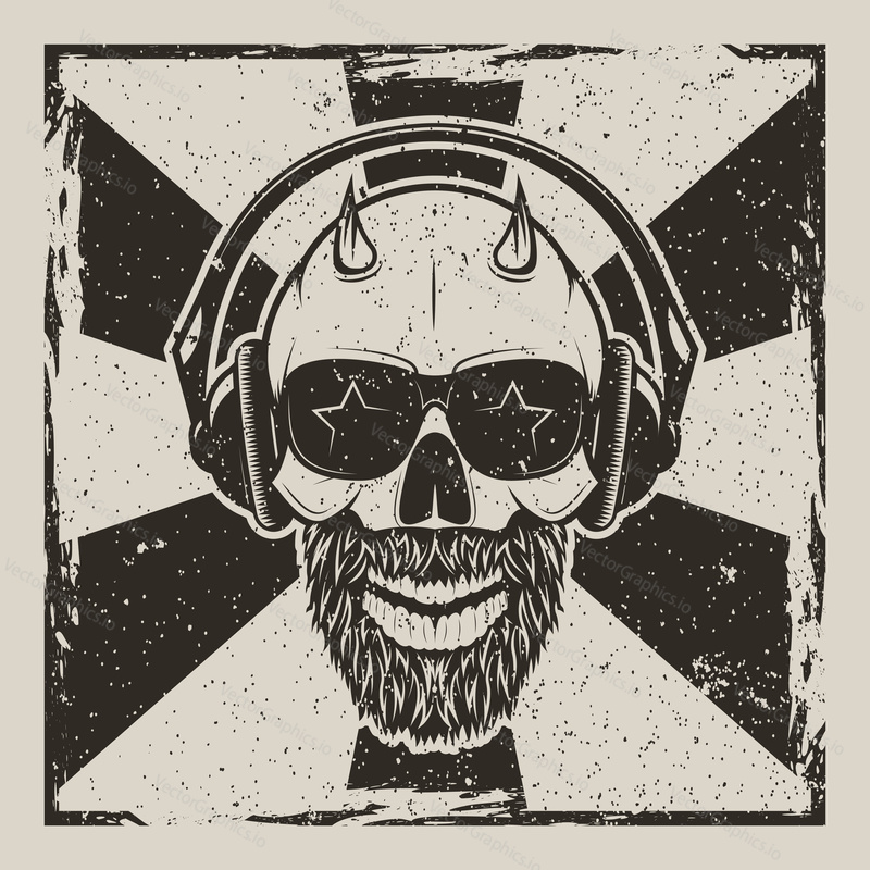 Rock Star vintage grunge design for t-shirt. Vector hand drawn illustration of bald skull with mustache, beard and devil horns listening to music.