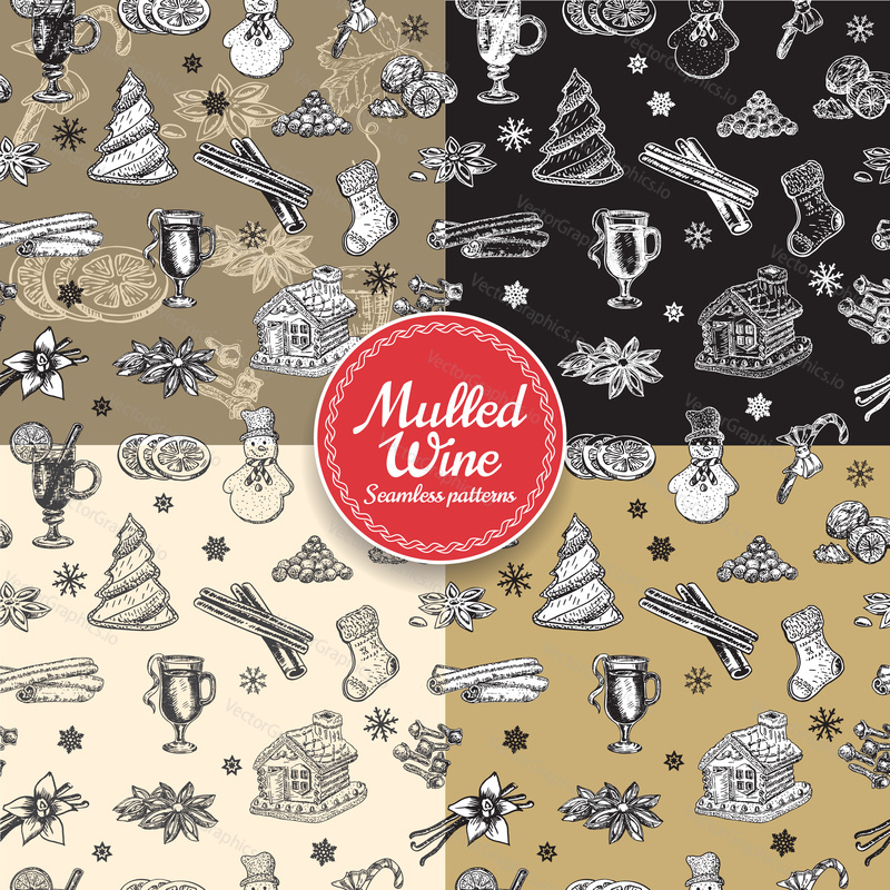 Holiday Christmas and New Year seamless pattern set. Vector illustration of wrapping paper in doodle style design. Graphic icons with mulled wine and christmas elements. Background texture.