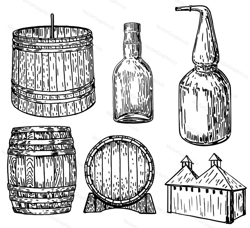 Distillery set that makes hard alcohol, vector ink hand drawn illustration isolated on white background.