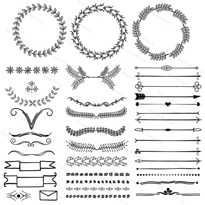 Vector set of doodle decorative symbols. Arrow, wreath, banner, border, frame, floral elements. Hand drawn illustration isolated on white background.