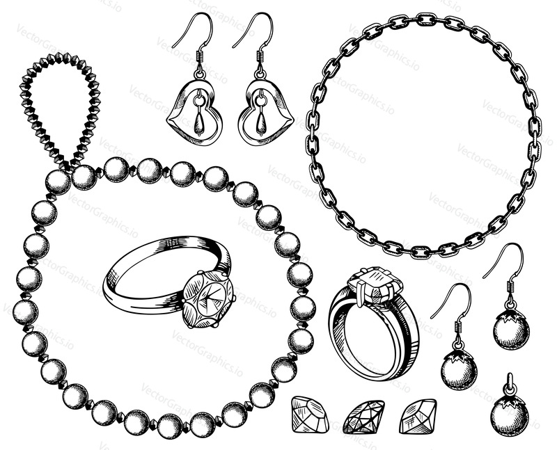 Bijouterie set vector ink hand drawn illustration isolated on white background. Ring, necklace, earrings, pendant, bracelet doodle jewelry collection.