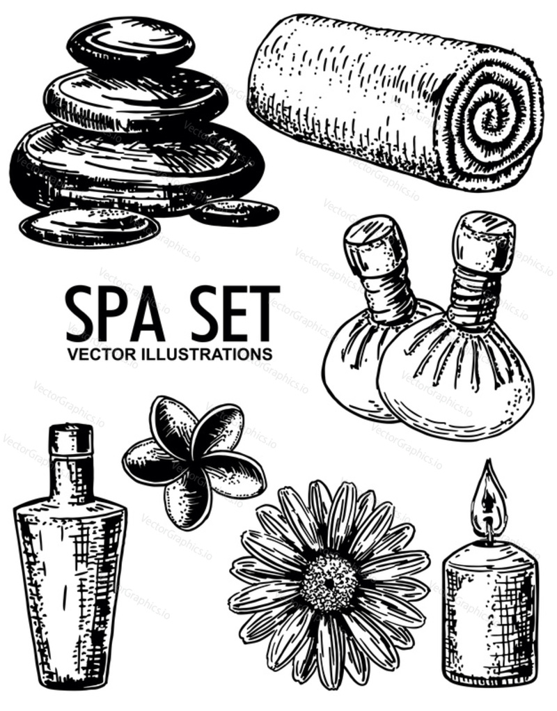 Spa salon set vector ink hand drawn illustration isolated on white background.