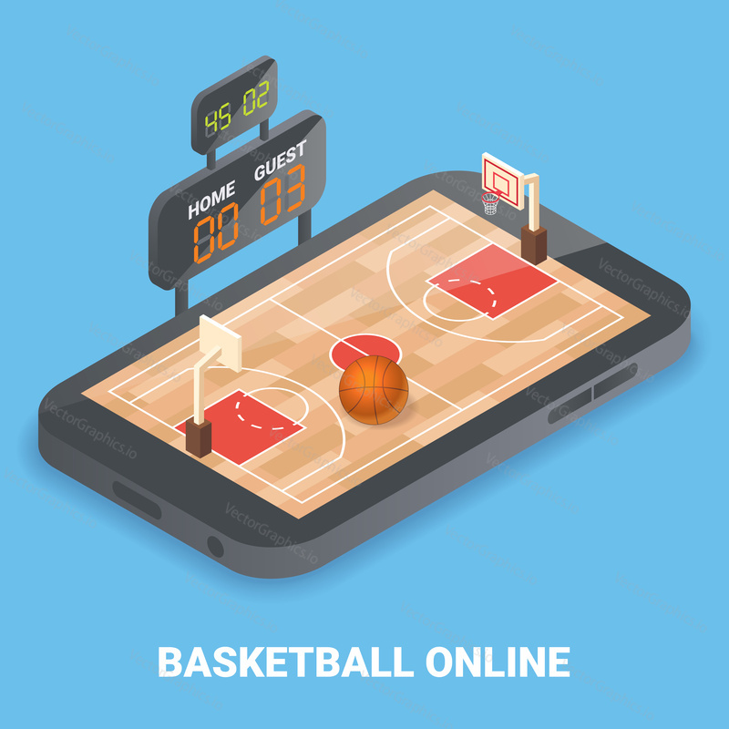 Basketball online concept vector illustration. Isometric basketball field, ball and indicator board placed on smartphone screen.
