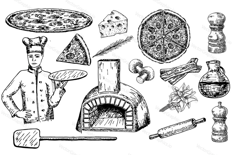 Pizza set. Vector ink hand drawn illustration isolated on white background. Pizzaiolo, pizza ingredients and kitchen utensils and oven.
