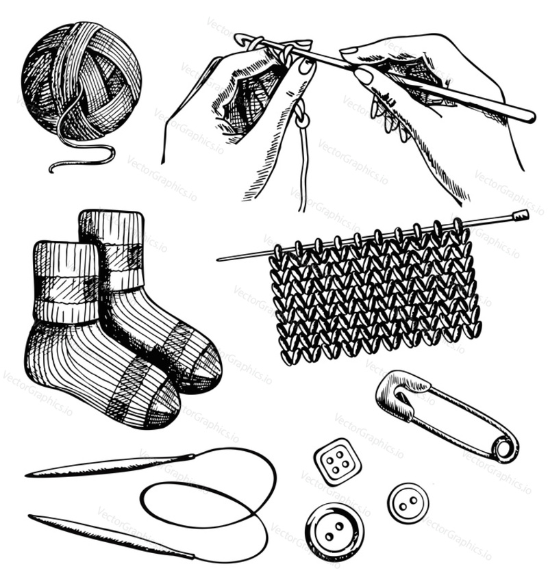 Knitting and crochet set, vector ink hand drawn illustration isolated on white background.