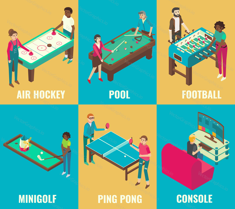 Vector isometric games set. Air hockey, pool, football, minigolf, ping pong and console design elements. Table games and video games concepts.