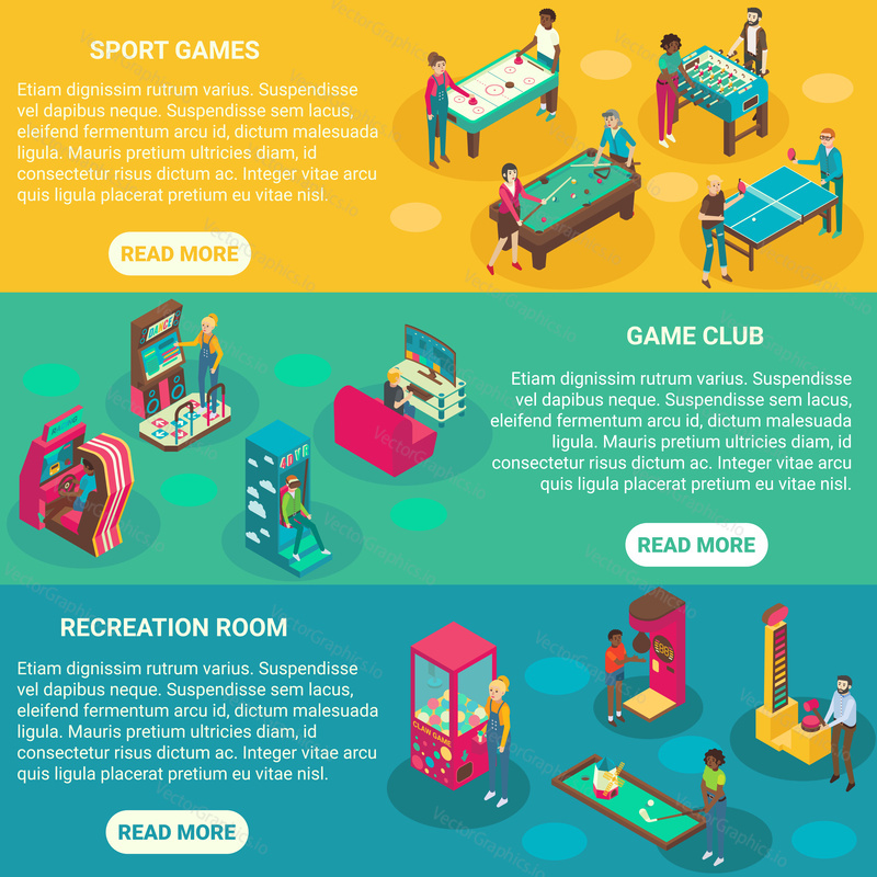 Game rooms vector flat 3d isometric illustration. Sport game, Casino, Game club, Recreation room concept design elements.