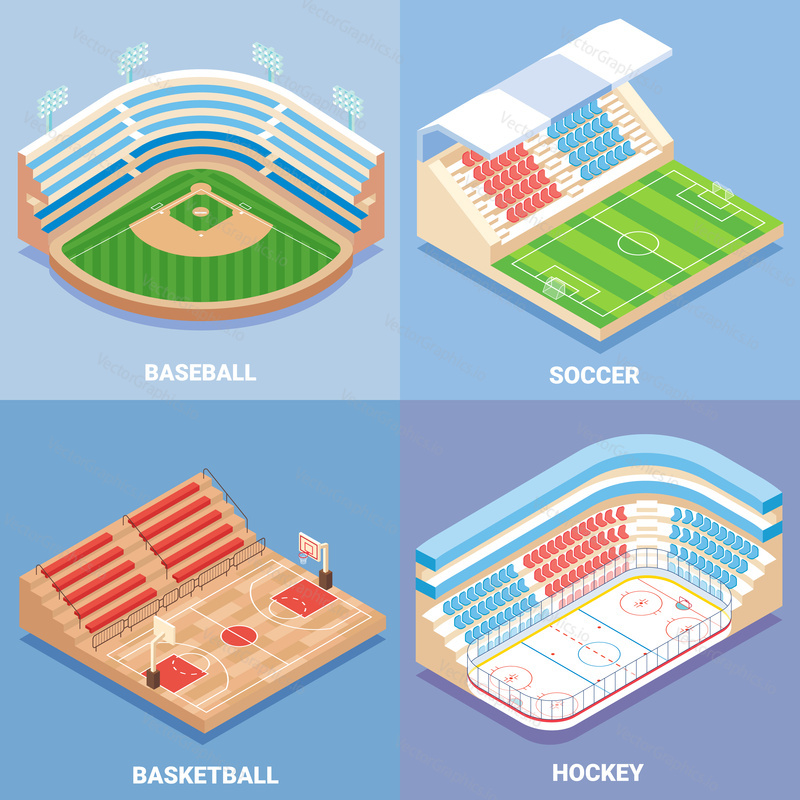 Sport stadium vector isometric icon set. Baseball, Soccer, Basketball and Hockey concept design elements. Outdoor sports venues for championships, training and matches.