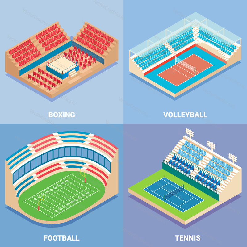 Sport stadium vector isometric icon set. Boxing, Volleyball, Football and Tennis concepts. Outdoor sports venues for championships, training with playing field, court, boxing ring and spectators area.