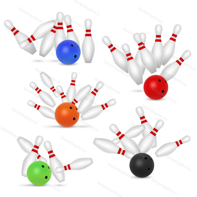 Bowling ball and skittles set. Vector realistic illustration isolated on white background.