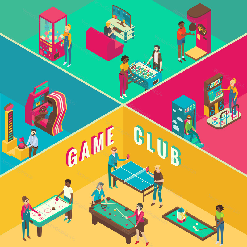 Game club vector flat 3d isometric illustration. Cutaway interior with amusement arcade game machines, video arcade and table games concept design elements.