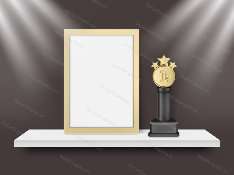 Blank light frame and metal award trophy on shelf vector realistic illustration.