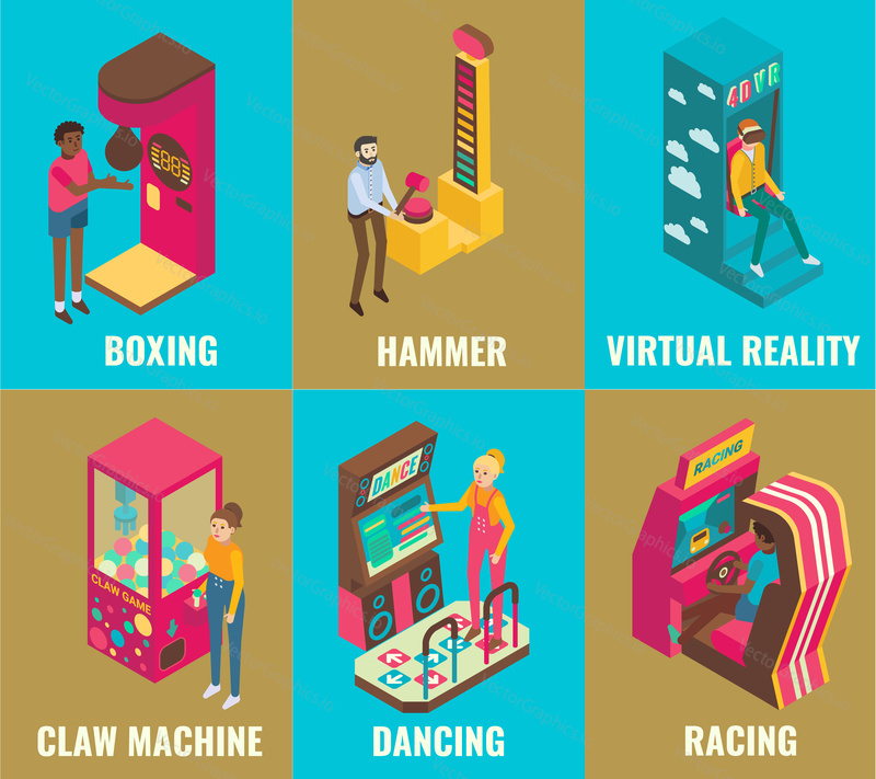 Amusement arcade game machine icon set. Vector 3d isometric illustration of boxing, hammer, virtual reality, claw machine, racing, dancing machines. Game club attractions concept design elements.