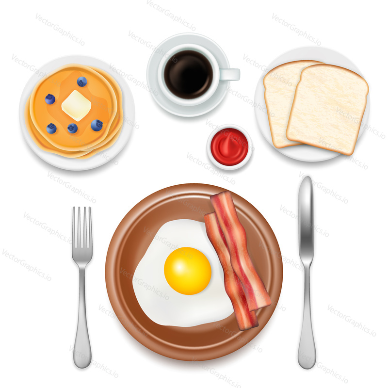 Breakfast foods vector top view illustration. Pancakes with blueberries, fried egg with bacon, slices of bread and cup of coffee isolated on white background. The best morning meals concept.