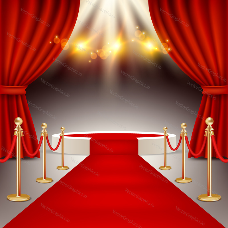White round winners podium with red carpet, red curtains and spotlights. Vector realistic illustration. Red carpet event concept.