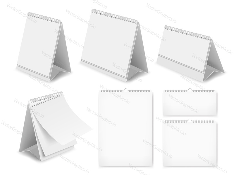 Vector realistic illustration of white blank table calendars isolated on white background. Desk calendar mockups set.