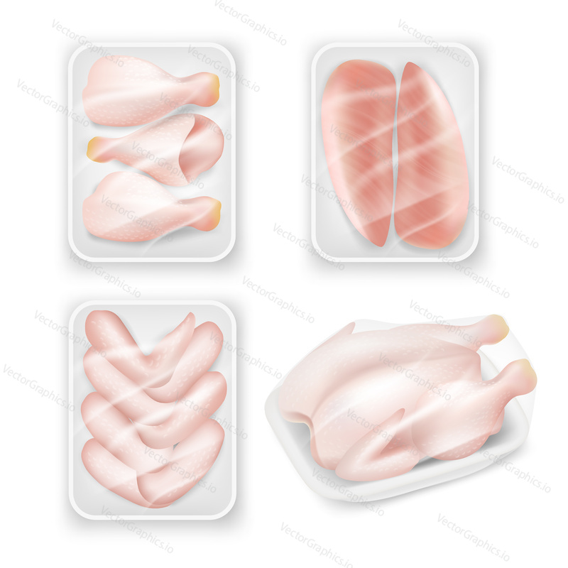 Vector illustration of fresh whole chicken, breast halves fillets, wings and chicken drumsticks in tray packing isolated on white background. Realistic mockup of hen meat sales plastic packaging set.