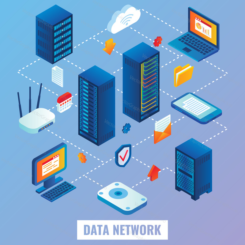 Data network flowchart. Vector flat 3d isometric illustration of network servers, internet router, laptop, mobile phone.