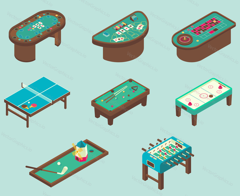 Table game icon set. Vector isometric illustration of air hockey, pool, football, minigolf, ping pong tables.