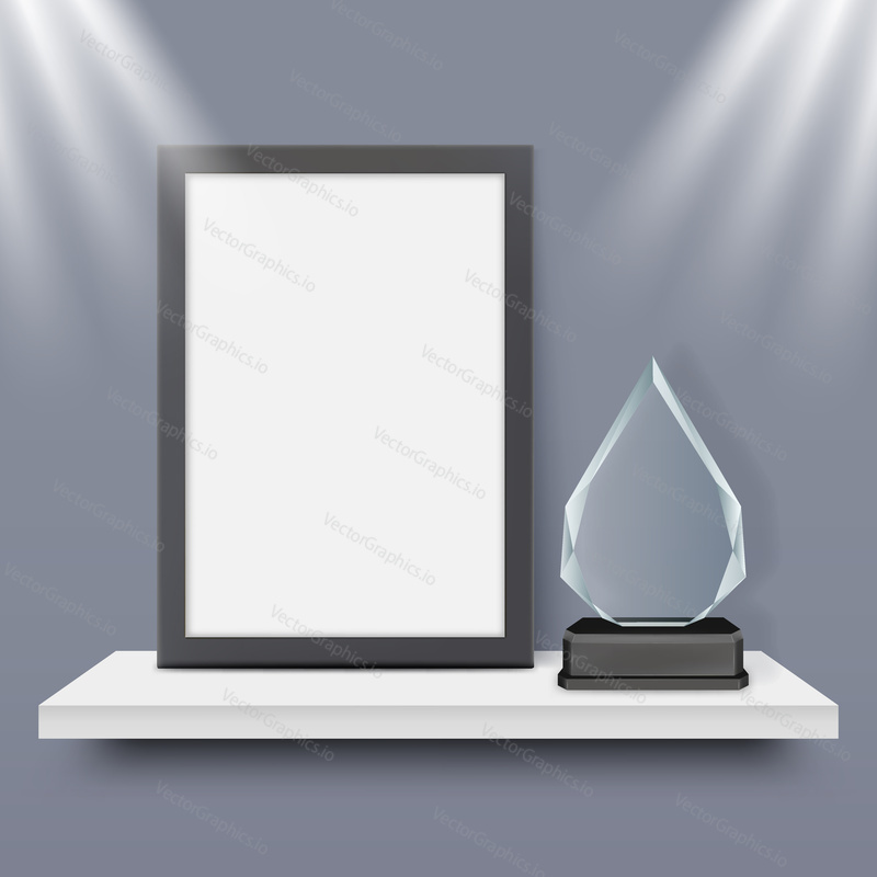 Blank black frame and glass award trophy on shelf vector realistic illustration.