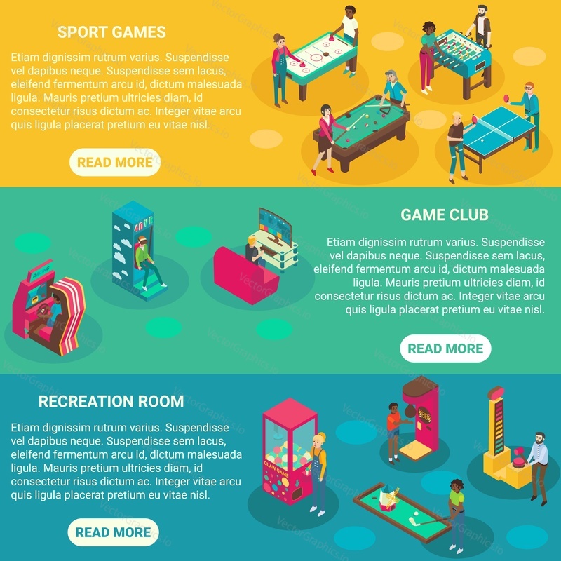 Game rooms vector flat 3d isometric illustration. Sport game, Casino, Game club, Recreation room concept design elements.